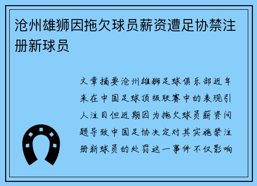 沧州雄狮因拖欠球员薪资遭足协禁注册新球员